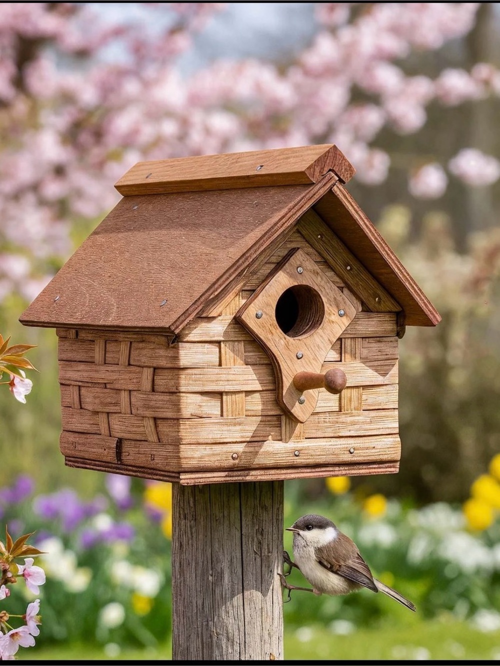 Amish Natural Wood Bird House with Perch - Brown